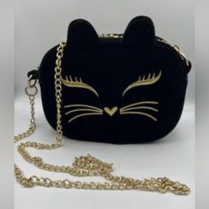 ASOS Cat Velvet CrossBody Bag, black handbag , black and gold tone hardware.